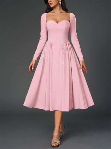Pink Long Sleeve Square Neck Pleated A-Line Women Elegant Midi Dress