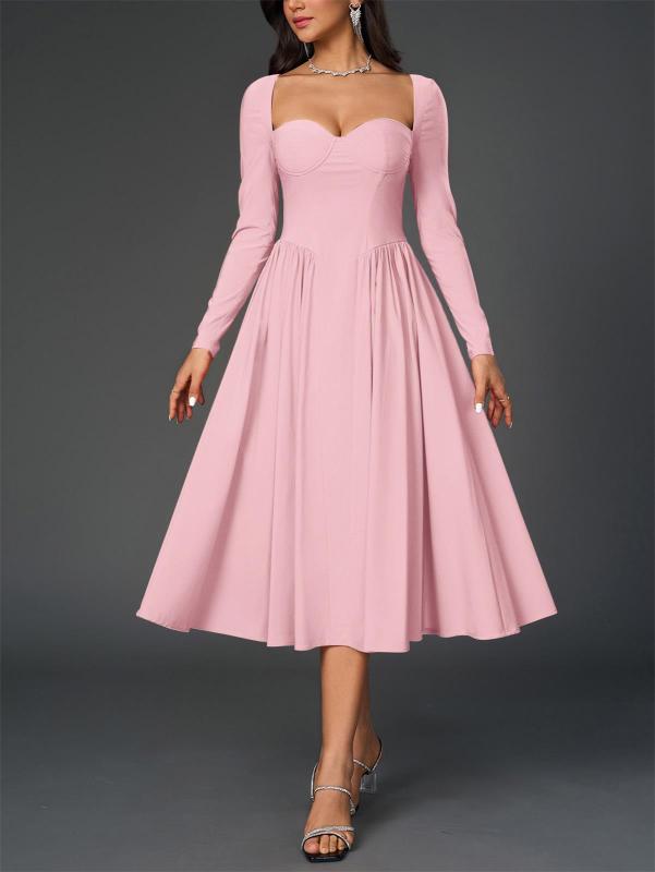 Pink Long Sleeve Square Neck Pleated A-Line Women Elegant Midi Dress