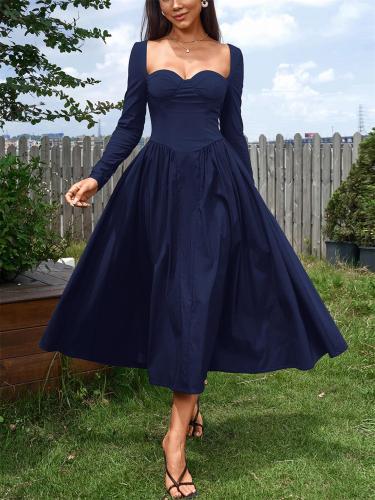 Royal Blue Long Sleeve Square Neck Pleated A-Line Women Elegant Midi Dress