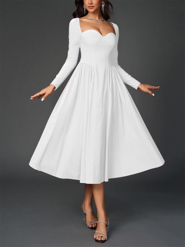 White Long Sleeve Square Neck Pleated A-Line Women Elegant Midi Dress