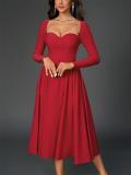 Red Long Sleeve Square Neck Pleated A-Line Women Elegant Midi Dress