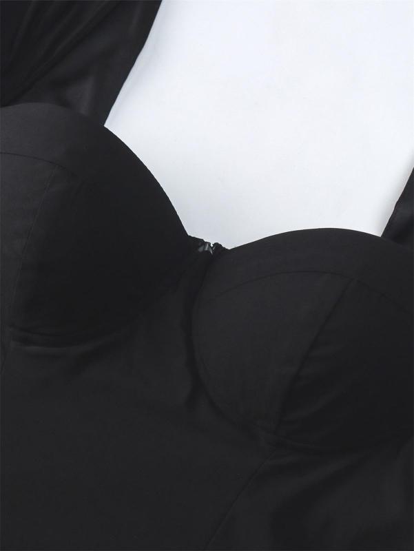 Black Long Sleeve Square Neck Pleated A-Line Women Elegant Midi Dress