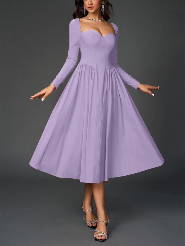 Purple Long Sleeve Square Neck Pleated A-Line Women Elegant Midi Dress