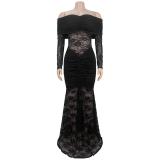 Black Low Cut Lace Hollow Out Sexy Evening Party Birthday Maxi Dress