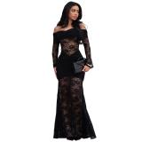 Black Low Cut Lace Hollow Out Sexy Evening Party Birthday Maxi Dress