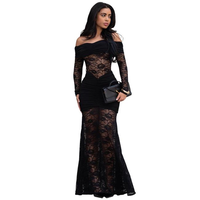 Black Low Cut Lace Hollow Out Sexy Evening Party Birthday Maxi Dress