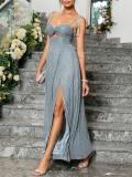 Blue Gray Straps Low Cut Hollow Out Lace Up Padded Elegant Maxi Dress