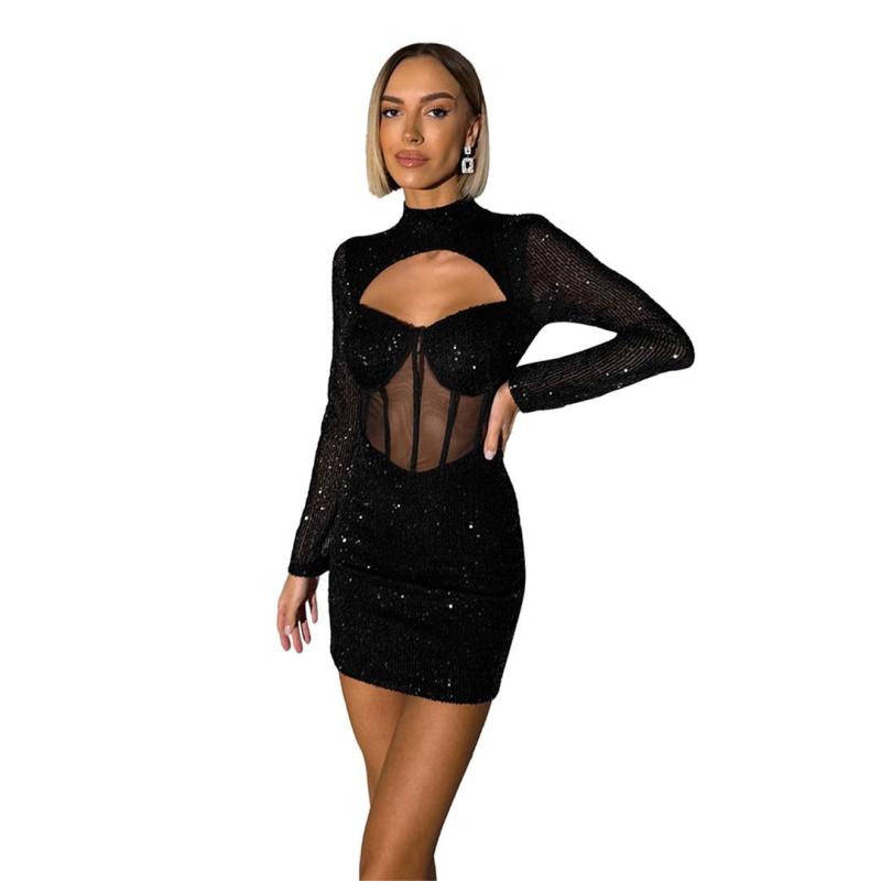 Black Mesh See Through Bodycon Long Sleeve Evening Party Sequins Mini Dress