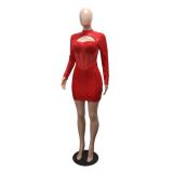 Red Mesh See Through Bodycon Long Sleeve Evening Party Sequins Mini Dress