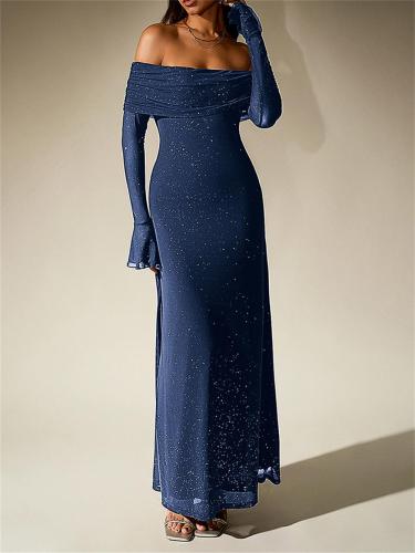 Blue Off Shoulder Mesh Pleated Lining Evening Luxury Birthday Maxi Dress