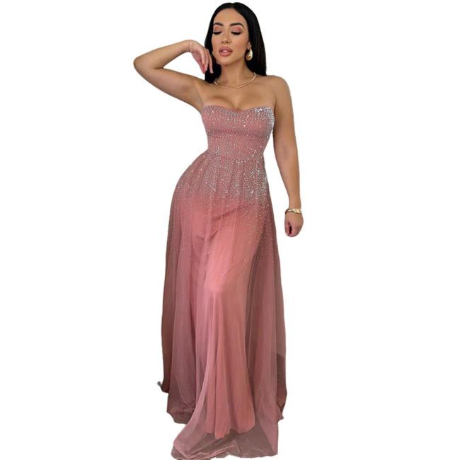 Pink Off Shoulder Rhinestones Mesh Lace Up Women Birthday Formal Dress