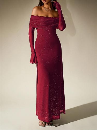 Red Off Shoulder Mesh Pleated Lining Evening Luxury Birthday Maxi Dress