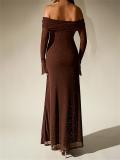 Brown Off Shoulder Mesh Pleated Lining Evening Luxury Birthday Maxi Dress