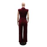 Claret Sequins Two Pieces Women Casual Office Lady Long Pant Sets