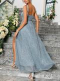 Blue Gray Straps Low Cut Hollow Out Lace Up Padded Elegant Maxi Dress