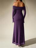Purple Off Shoulder Mesh Pleated Lining Evening Luxury Birthday Maxi Dress