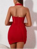 Red Halter Neck Low Cut Bodycon Mesh Evening Party Mini Dress 002