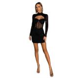 Black Mesh See Through Bodycon Long Sleeve Evening Party Sequins Mini Dress