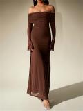 Brown Off Shoulder Mesh Pleated Lining Evening Luxury Birthday Maxi Dress