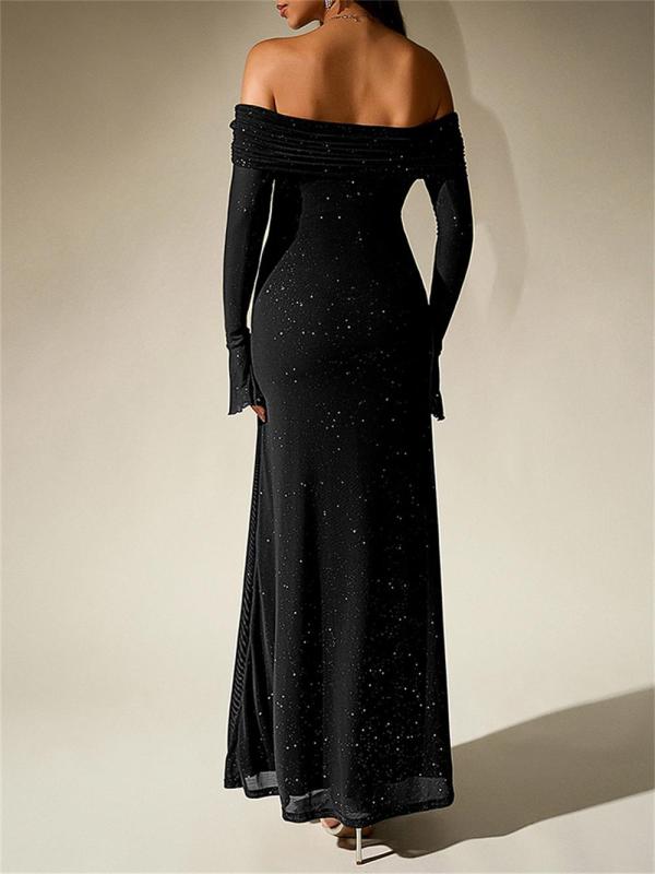 Black Off Shoulder Mesh Pleated Lining Evening Luxury Birthday Maxi Dress