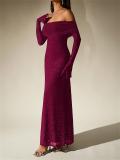 Dark Red Off Shoulder Mesh Pleated Lining Evening Luxury Birthday Maxi Dress