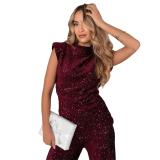 Claret Sequins Two Pieces Women Casual Office Lady Long Pant Sets