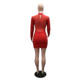Red Mesh See Through Bodycon Long Sleeve Evening Party Sequins Mini Dress