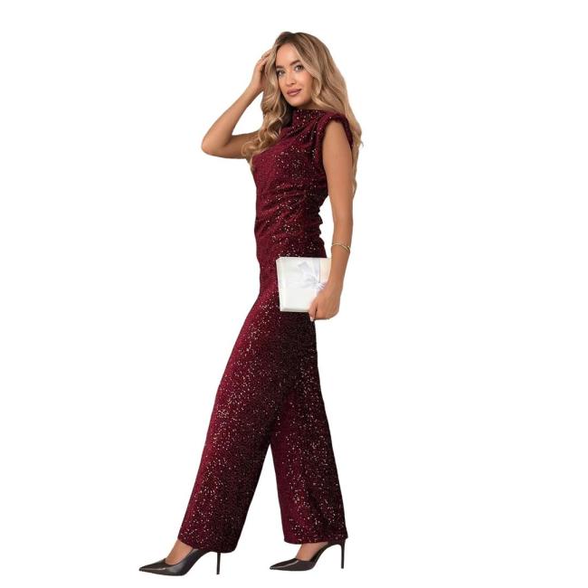 Claret Sequins Two Pieces Women Casual Office Lady Long Pant Sets