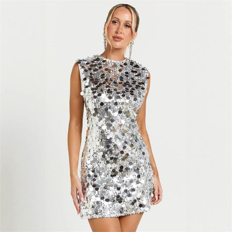 Silver Sleeveless Sequins Evening Sexy Club Mini Dress
