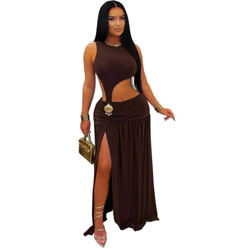 Brown O Neck Cut Out Snatched Sleeveless Evening Party Mini Club Dress