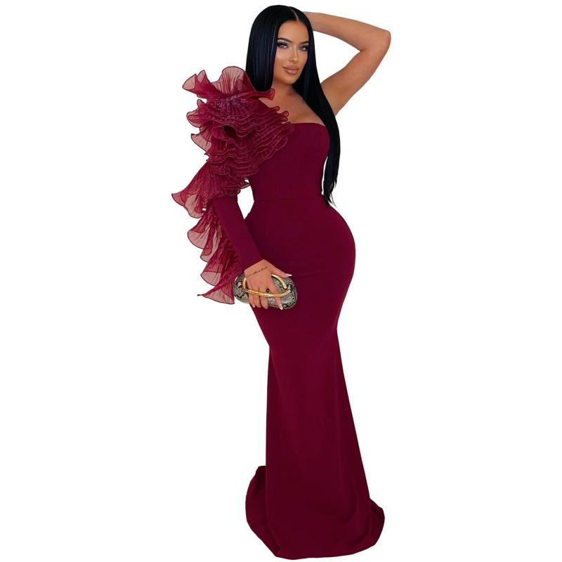 Claret Off Shoulder Mesh Ruffles One Sleeve Elegant Women Birthday Party Long Dress
