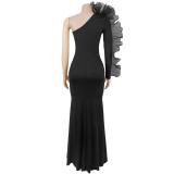 Black Off Shoulder Mesh Ruffles One Sleeve Elegant Women Birthday Party Long Dress