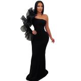 Black Off Shoulder Mesh Ruffles One Sleeve Elegant Women Birthday Party Long Dress