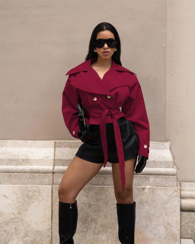 Red Long Sleeve Double Breasted Lace Up Casual Lady Office Jacket