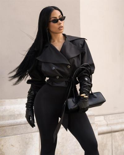 Black Long Sleeve Double Breasted Lace Up Casual Lady Office Jacket