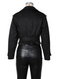 Black Long Sleeve Double Breasted Lace Up Casual Lady Office Jacket