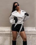 White Long Sleeve Double Breasted Lace Up Casual Lady Office Jacket