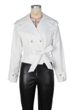 White Long Sleeve Double Breasted Lace Up Casual Lady Office Jacket
