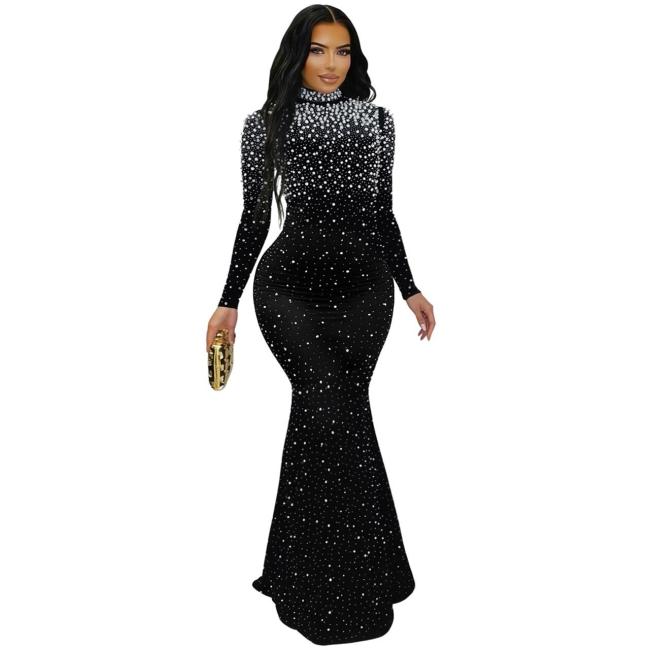 Black Long Sleeve Rhinestones Bodycon Pearls Evening Birthday Party Formal Long Dress