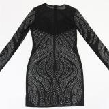 Black Long Sleeve Mesh V Neck Diamonds Women Party Clubwear