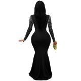 Black Long Sleeve Rhinestones Bodycon Pearls Evening Birthday Party Formal Long Dress