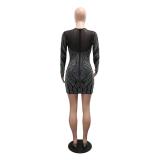 Black Long Sleeve Mesh V Neck Diamonds Women Party Clubwear