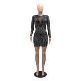 Black Long Sleeve Mesh V Neck Diamonds Women Party Clubwear
