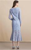 Blue Embroidered Lace Two Pieces Diamonds Neck Hollow Out Midi Skirt Sets