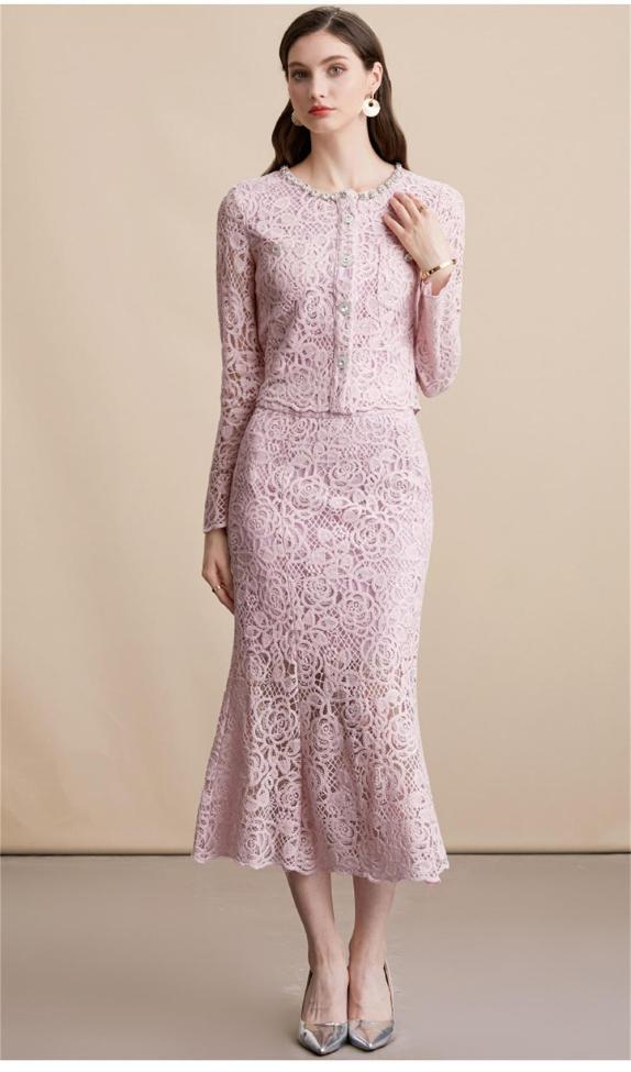 Pink Embroidered Lace Two Pieces Diamonds Neck Hollow Out Midi Skirt Sets