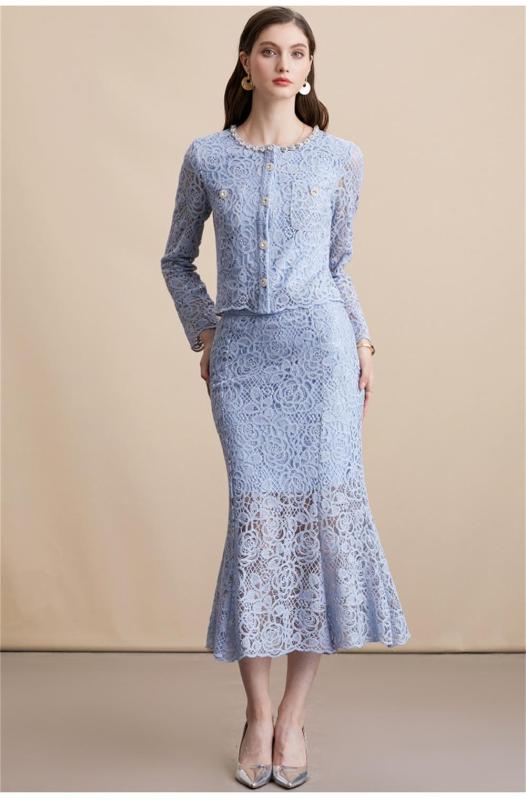 Blue Embroidered Lace Two Pieces Diamonds Neck Hollow Out Midi Skirt Sets