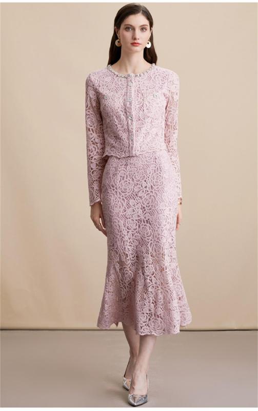 Pink Embroidered Lace Two Pieces Diamonds Neck Hollow Out Midi Skirt Sets