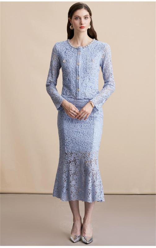 Blue Embroidered Lace Two Pieces Diamonds Neck Hollow Out Midi Skirt Sets