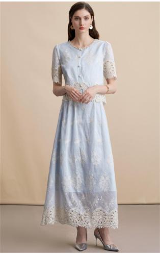 Blue Lace Diamonds Embroidery Two Pieces Elegant Midi Skirt Sets