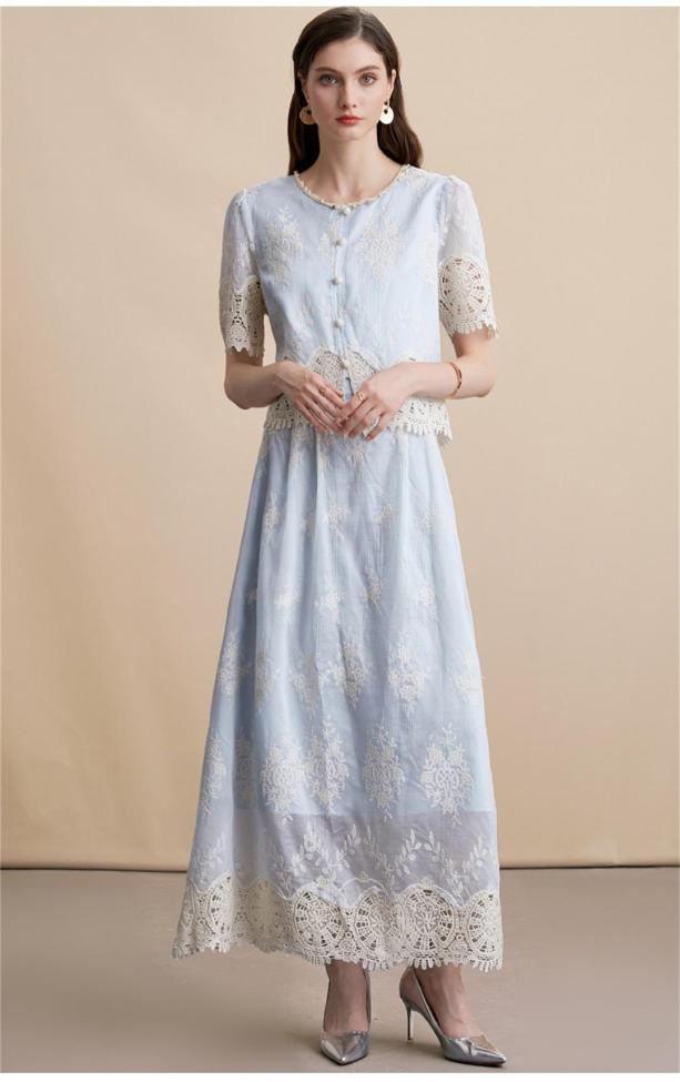 Blue Lace Diamonds Embroidery Two Pieces Elegant Midi Skirt Sets